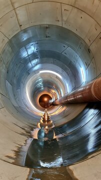 Circular concrete tunnel interior with segmental rings and water reflection