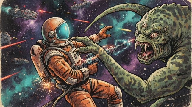 Retro comic style astronaut fighting alien monster in space