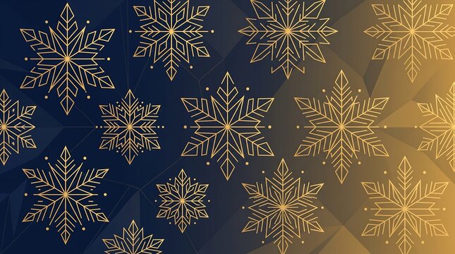 Elegant geometric gold snowflakes pattern on a dark navy and gold gradient background for winter holiday festive design