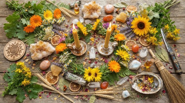 Pagan altar with candles, flowers, crystals, herbs, and ritual tools