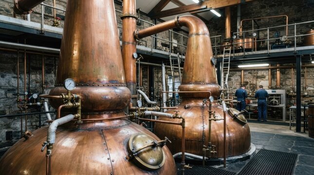 Traditional copper stills in a Scottish whisky distillery interior
