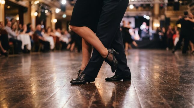 Couple dancing tango on wooden floor in ballroom