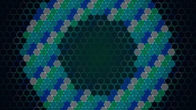 Abstract dark background with blue and green hexagonal geometric shapes forming a circle pattern