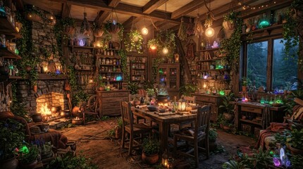 Naklejka premium Cozy rustic witch cottage interior with glowing potions and fireplace