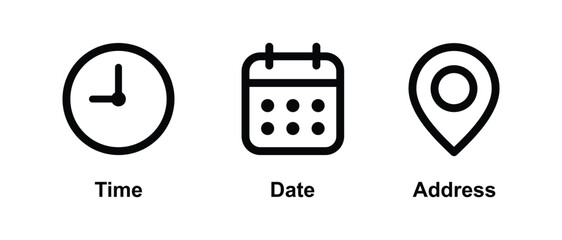 Naklejka premium Time, date and address icon set vector. Clock, calendar, location pin marker signs. Vector Illustration