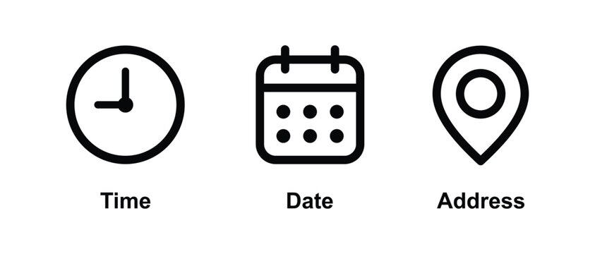 Time, date and address icon set vector. Clock, calendar, location pin marker signs. Vector Illustration