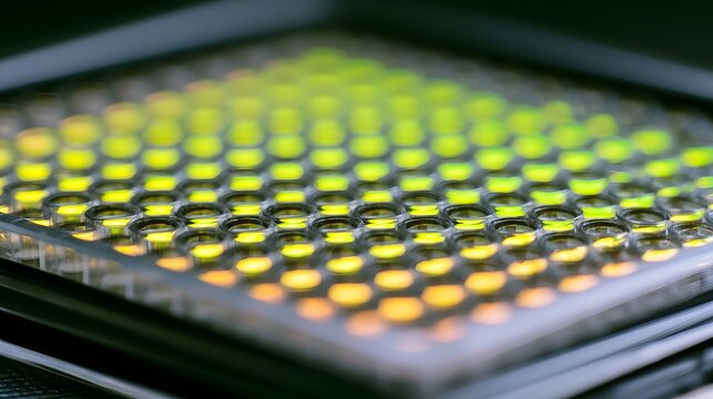 Close up of a grid of glowing circular wells in a scientific culture plate under bright lighting