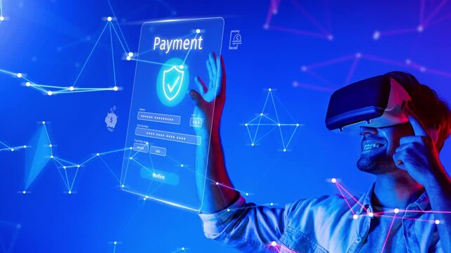 A smiling person explores a virtual reality world, engaging with online payment systems amidst digital graphics, showcasing the integration of technology and finance. Raster