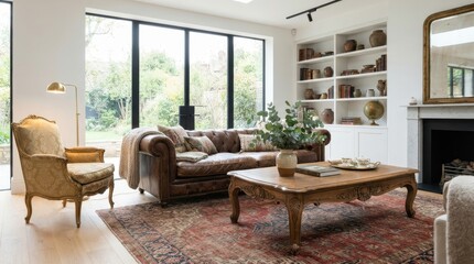 Naklejka premium Modern luxury living room interior with leather sofa and vintage armchair