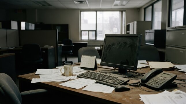Messy abandoned office workspace with computer and paperwork