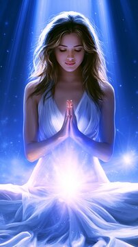 Woman finding inner peace and spiritual awakening, radiating light in a tranquil setting