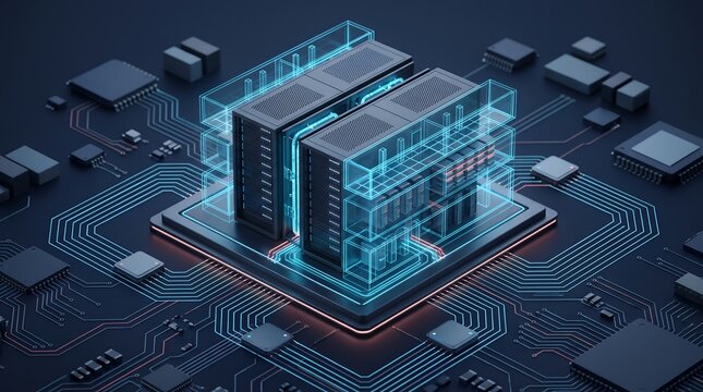 Virtualized enterprise server infrastructure enclosed in glowing holographic security shield on computer motherboard