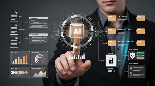 Enterprise AI automation workflow interface displaying automated data extraction analytics and secure document verification