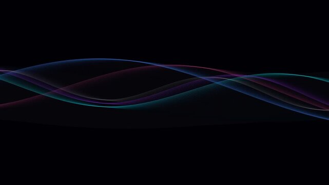 Abstract digital wave lines with glowing colorful particles on a dark black background