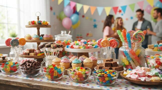 Candy buffet table with assorted sweets and treats at a party