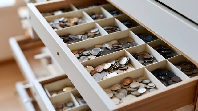 A white drawer with multiple compartments filled with assorted coins  showcasing organized storage for collectible currency