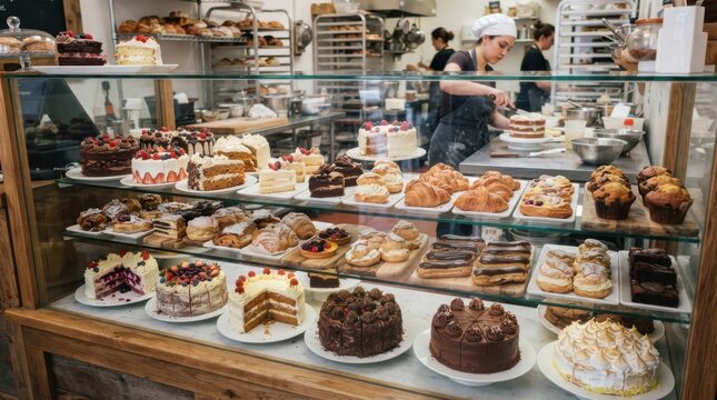 Bakery display case filled with variety of cakes, pastries, and croissants