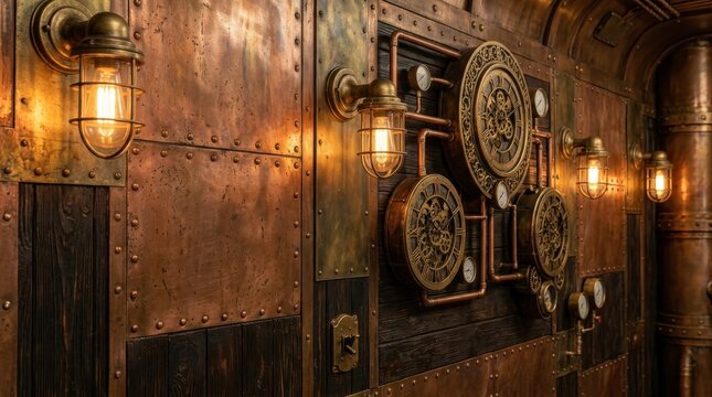 Steampunk interior wall with copper plates, gears, pipes, and vintage bulkhead lights