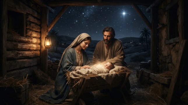 Nativity scene with holy family in stable under starry night sky