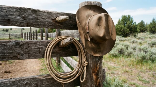 Cowboy hat and lasso hanging on a rustic wooden fence