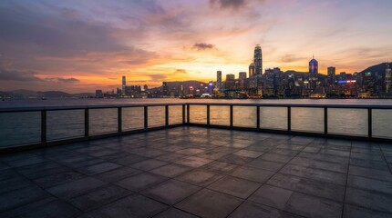 Naklejka premium Modern observation deck with city skyline view at sunset