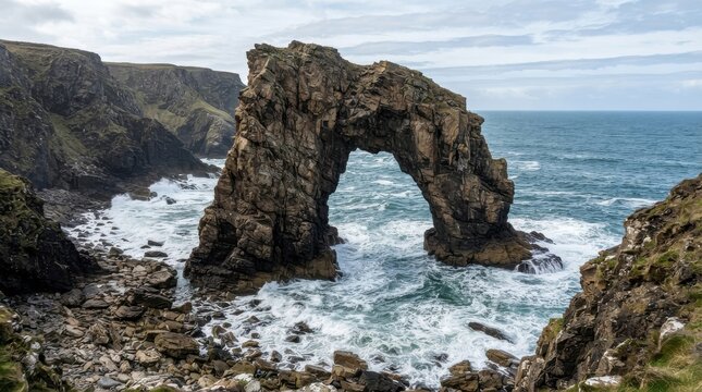 Natural rock arch formation on a dramatic ocean coast with crashing waves