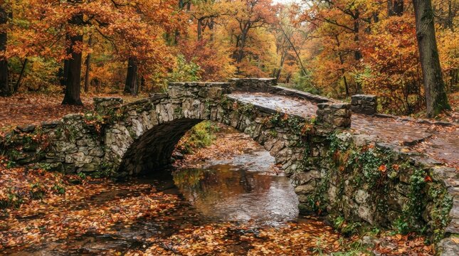 Old stone bridge over a small stream in autumn forest