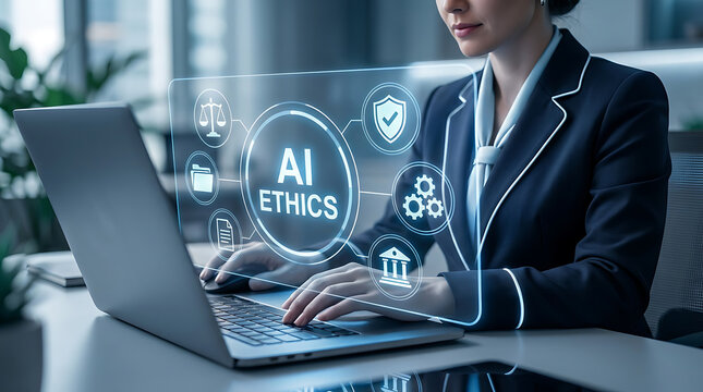 Professional Woman Working On Laptop With AI Ethics Concept Displayed