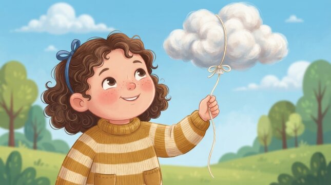 Cute girl holding a cloud balloon in a sunny landscape