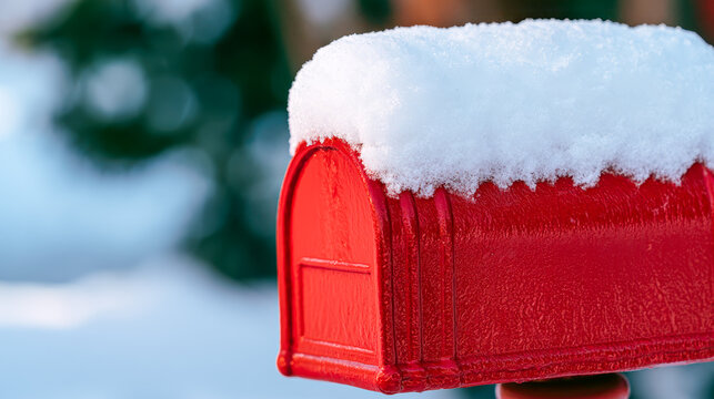 Red mailbox topped with thick fresh snow against a soft blurred winter background