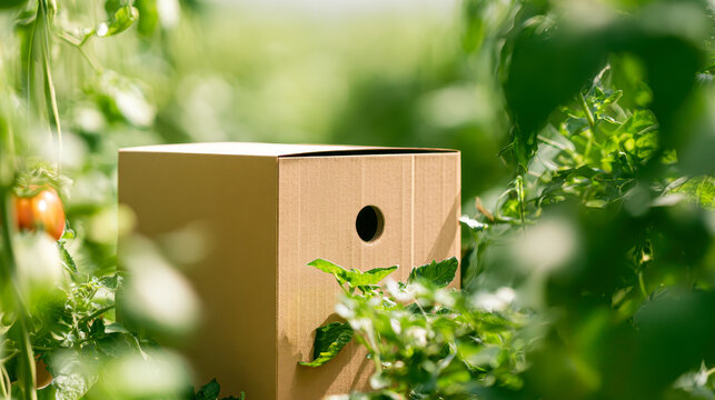 Cardboard pollination hive box standing among tomato plants in bright natural light