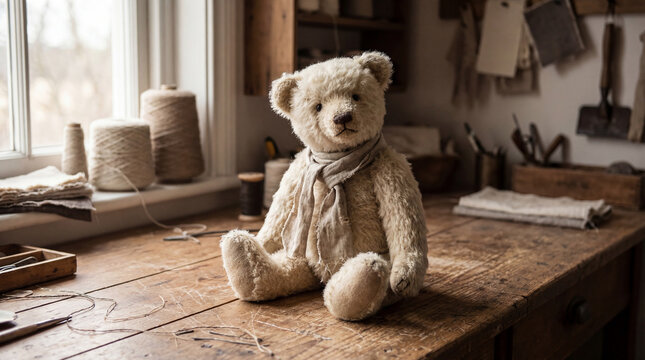 Handmade Vintage Teddy Bear Sitting on a Wooden Workbench