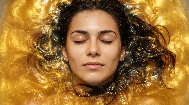 Woman relaxing in golden liquid bath with glowing glitter