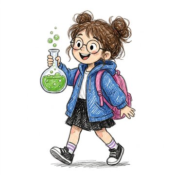 Cute hand-drawn illustration of a happy school girl wearing glasses and a blue hoodie, carrying a pink backpack and holding a bubbling green science flask. STEM education for kids and back to school.