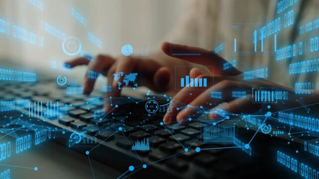 Hands actively typing on a keyboard, surrounded by futuristic data visualizations. The image illustrates the intersection of technology, analysis, and innovation in a modern workspace. Xenic