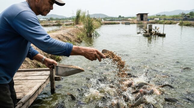 Fish farmer feeding fish in an aquaculture pond