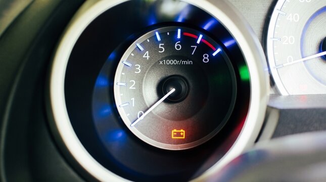 Close Up Of Car Tachometer Gauge Showing RPM And Battery Warning Light On Dashboard