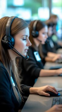 Young woman wearing a headset working as a customer service representative in a call center