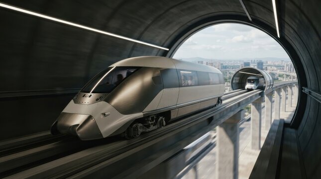 Futuristic high-speed train traveling through an elevated tunnel
