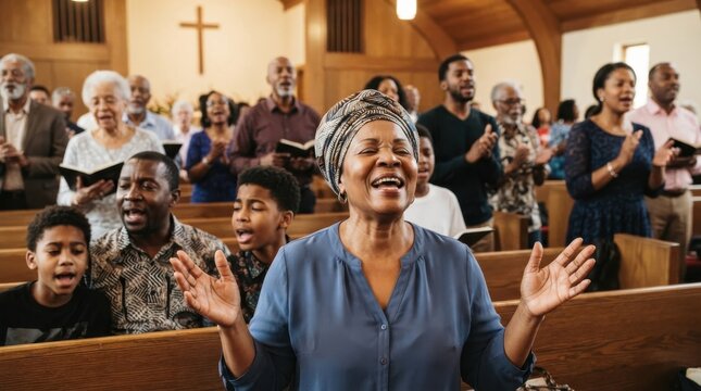 Diverse congregation of people singing and praising in a church