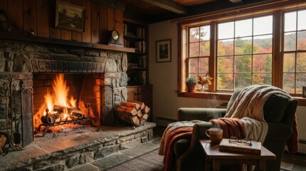 Naklejka premium Cozy rustic living room interior with stone fireplace and autumn view