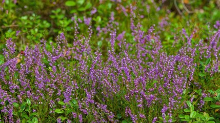 Fototapeta premium Purple heather flowers blooming abundantly among green foliage on a wild forest floor