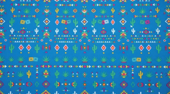 Seamless pattern with Mexican desert flora and colorful geometric motifs