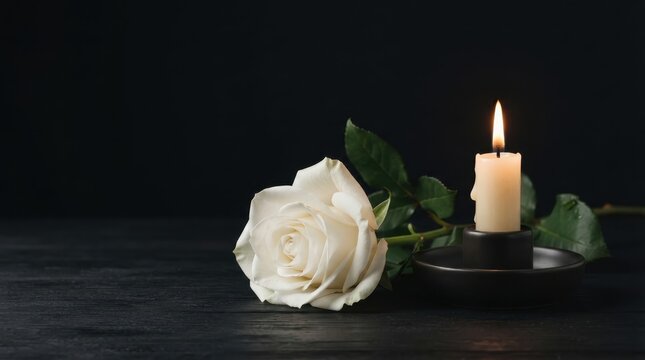White rose and lit candle on dark background