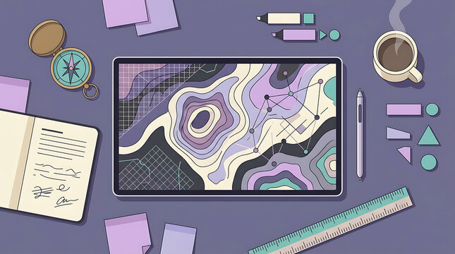 Top view of desk workspace with digital tablet showing abstract map design flat lay workspace