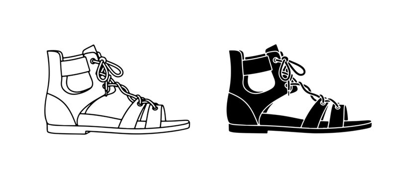 Gladiator Sandals, Roman Footwear, Ancient Style Shoes, Black and White Vector Icons