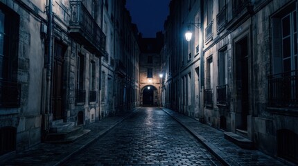 Fototapeta premium Narrow cobblestone street in old European city at night