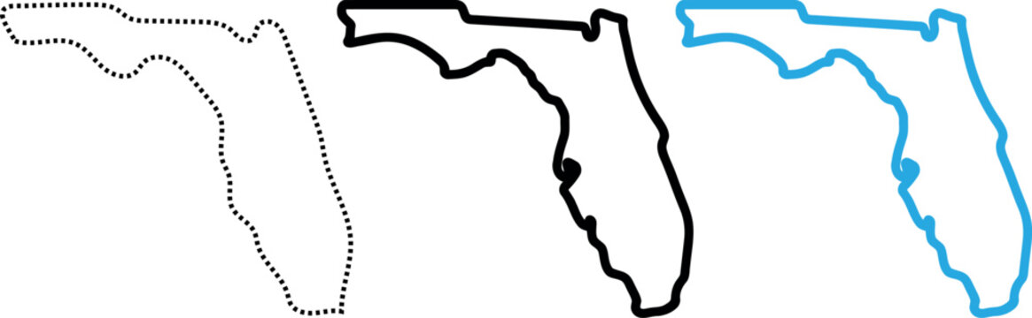 Florida state map outline vector illustration set in dotted solid black and blue designs.