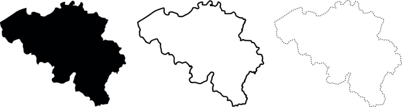 Belgium country map outline vector illustration set with solid black and dotted contour lines.