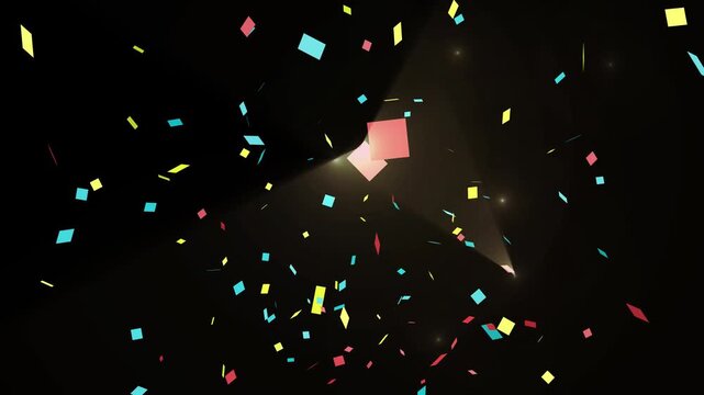 3D colorful confetti falling in black background. Confetti dropdown for cartoon, celebration or holiday video. Confetti party popper explosion animation, 4K
